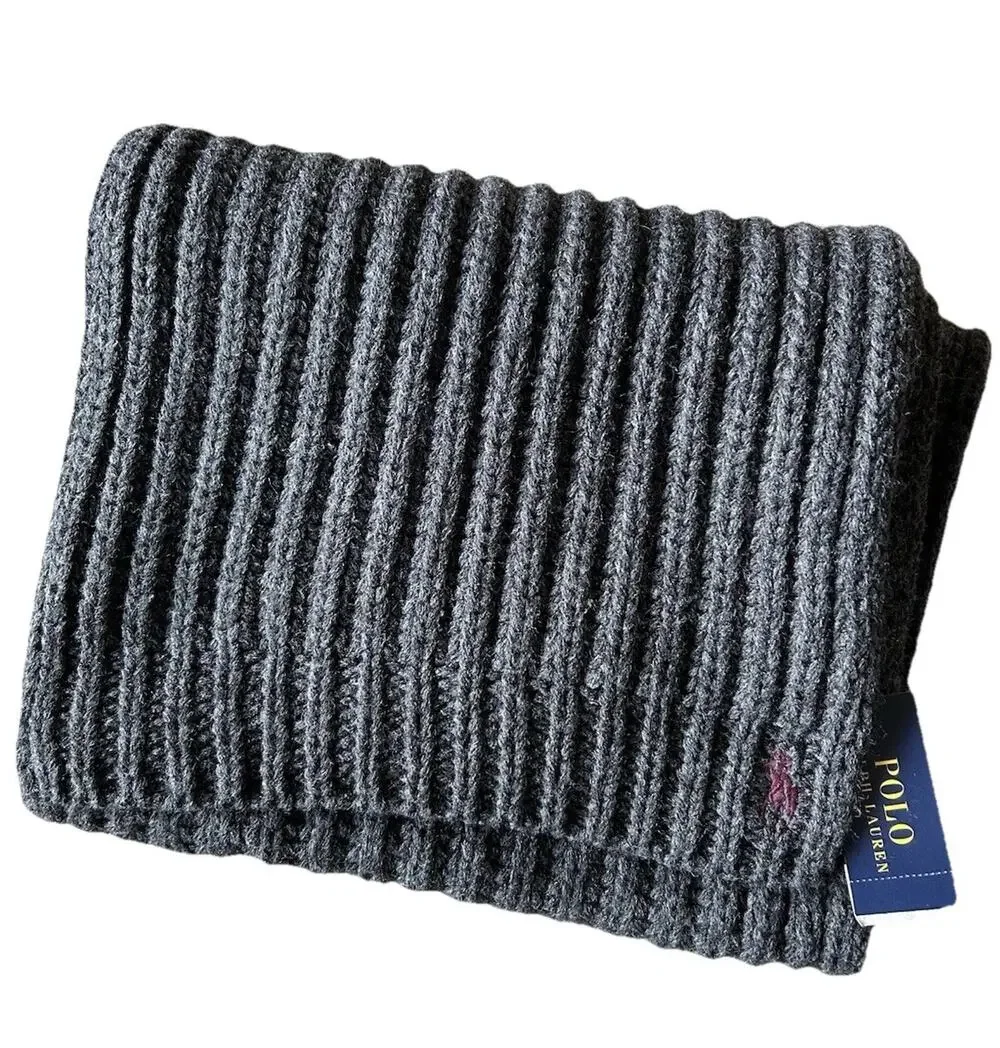 Polo Ralph Lauren Scarf Gray Rib Knit Logo Mens 10x72 Classic Preppy Classic NWT